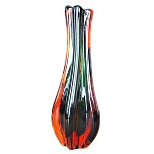 Vintage Sommerso Green / Amber Ribbed Mouth Blown Art Glass Vase